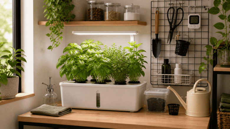 Organização de Bancada Pequena para Cultivo Hidropônico de Ervas em Casa