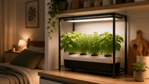 Estrutura de Cultivo Hidropônico Discreta para Cozinha ou Quarto Pequeno