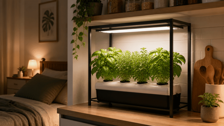 Estrutura de Cultivo Hidropônico Discreta para Cozinha ou Quarto Pequeno