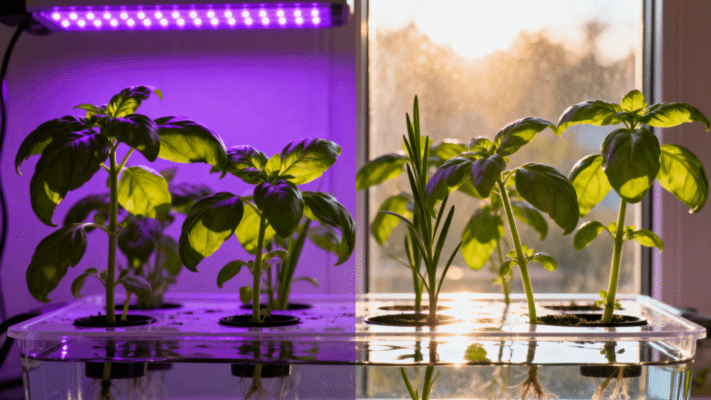Diferença de crescimento do manjericão hidropônico com luz natural indireta e LED